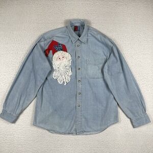 Sunbelt Shirt Womens Medium Denim‎ Vintage Hong Kong Noel Santa Holidays Xmas